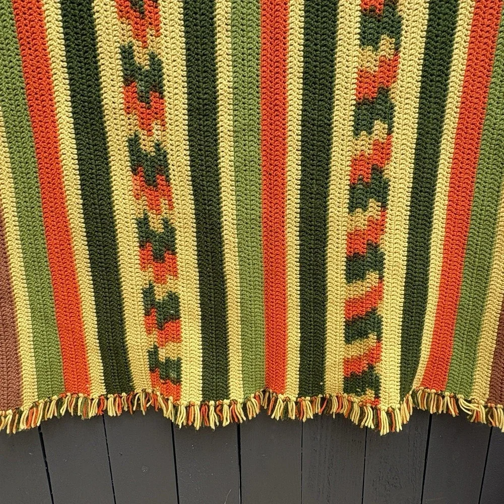 VTG Handmade Crochet Boho Southwestern Afghan Throw 66X88 Cottage Stripe 70s